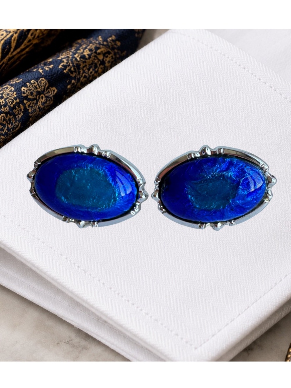 Japanese Cloisonne Cufflinks Cobalt Blue Enamel Oval Silver Tone Menswear Vtg